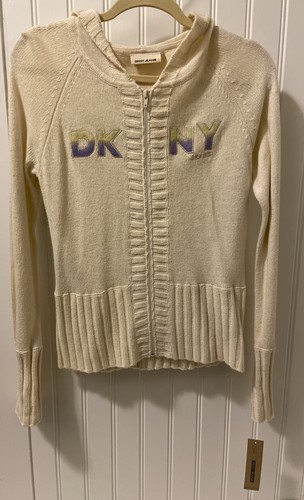 OFF WHITE Giacca maglione DKNY Jeans con cappuccio e zip colore panna NUOVO CON ETICHETTE