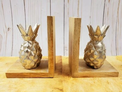 Set Of Pineapple Silver/Wood Bookends Modern Chic - EUC Foto 1 de 4