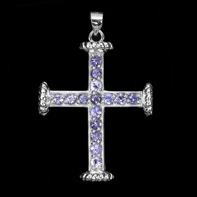 Colgante de plata de ley 925 redondo tanzanita piedras preciosas naturales cruz joyería Foto 1 de 4