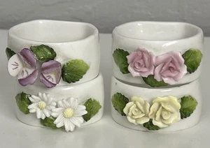 Juego De 4 Anillos Servilleteros Vintage Hueso China Taiwán Blanco Floral Decoración Primavera Verano - Imagen 1 de 9