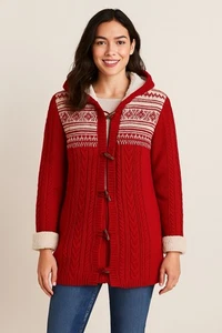 L.L. Bean Red Fair Isle Hooded Sweater Coat Sherpa Lined Toggle Front Women's M - Picture 1 of 7