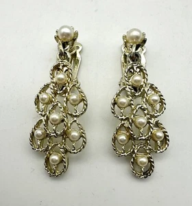 Vintage Inspired Antique Gold Open Cut And Faux Pearl Clip On Earrings (As Is) - Picture 1 of 8