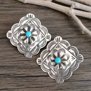 Large Square Concho Earring's 925 Sterling Silver Turquoise Dangle Earring's - Picture 1 of 4