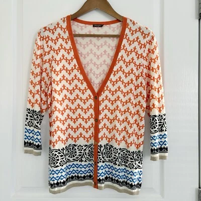 Cardigã suéter J. McLaughlin Chevron listrado gola V laranja azul médio - Imagem 1 de 4