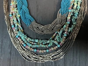3 Turquoise Stone Silver Blue Color Hammock Bead Seed Beads Braided Necklace Lot - Picture 1 of 6