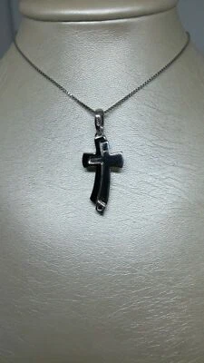 Ciondolo Croce Stilizzato - Argento 925/1000 Rodiato e Smaltato con Zircone Nero - Immagine 1 di 3
