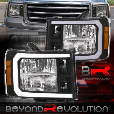 For 2007-2014 GMC Sierra Black LED DRL Tube Headlight Assembly Amber Signal Lamp — 第 1/4 张图片
