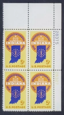 US STAMPS 1966 5C PLATE BLOCK OF 4 STAMPS INDIANA STATEHOOD, MNH OG, VF/XF #1308 - Image 1 of 2