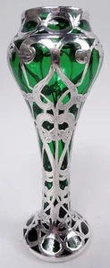Alvin Vase G3467/2 Antique Art Nouveau American Green Glass Silver Overlay - Picture 1 of 7