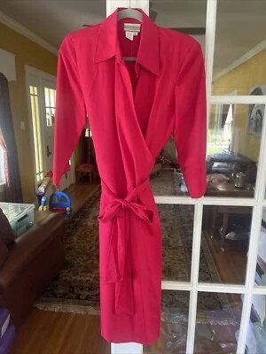 Coldwater Creek 100% шелк надежном платье размер 6 розовый красный галстук талии 1/2 рукав женщин - Изображение 1 из 3