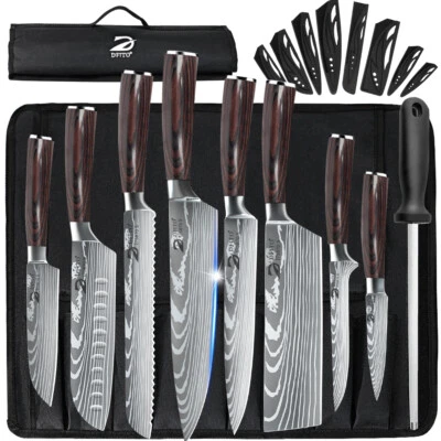 9PCS Kitchen Knives Set Stainless Steel Japanese Damascus Chef's Knife Cleaver - Image 1 of 4