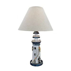 Tischlampe, Tischleuchte mit Leuchtturm, Maritime Schirm Lampe aus Holz - Bild 1 von 1