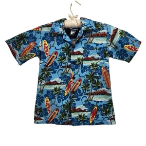 Vintage RJC Boys 8 Hawaiian Shirt Tropical Floral Palm Tree Volcano Long Board - Picture 1 of 9