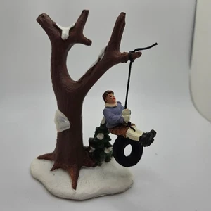 Vintage Christmas Village Boy on Tire Swing Figurine • Winter Tree Snow Scene - Picture 1 of 5