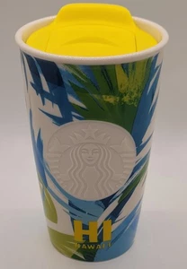 Starbucks Hi Hawaii Yellow Tropical Palm Ceramic Traveler Tumbler Mug 12oz - Picture 1 of 9