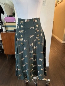 Effie’s Heart Modcloth Suffragette Skirt Los Gatos Print Emerald Green Cats L - Picture 1 of 7