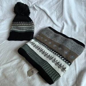 BP Nordstrom Damen Snood Schal Beanie Bommel Fair Isle schwarz - Bild 1 von 9