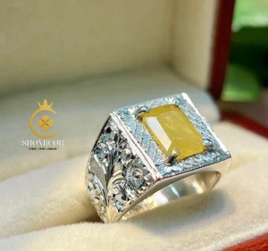 "Anillo de zafiro amarillo artesanal para hombre - plata de ley 925 con grabado" - Imagen 1 de 5