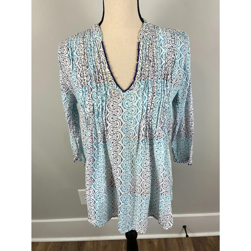 Roberta Roller Rabbit Geometric Blue Beaded Blouse V Neck 3/4 Sleeve Women's S - Image 1 of 4