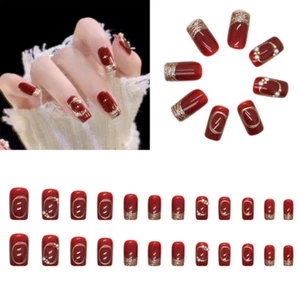French Wine Red False Nails New Year Square Tips Reusable Artificial Nail Sale - Picture 1 of 1