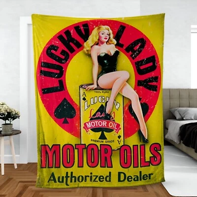 Vintage Style Retro Lucky Lady Motor Oil Ultra-Soft Micro Fleece Blanket - Image 1 of 4