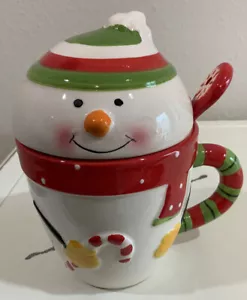 Christmas Snowman W/ Carrot Nose Hot Chocolate Coffee Mug Cup W/ Lid & Spoon - Picture 1 of 7