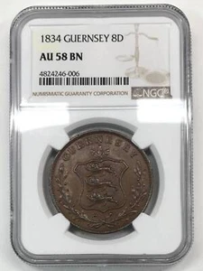 1834 Guernsey Copper 8 DOUBLES NGC AU-58 BN - KM#3 - Three Lions Shield - Picture 1 of 5