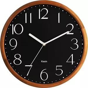 12Inch Black Wooden Wall Clocks Battery Operated Silent Non-Ticking Round Analog - Picture 1 of 7