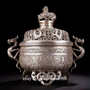 White copper Tibet-silver bat blessing Buddhism Incense Burner Censer N890 - Picture 1 of 11
