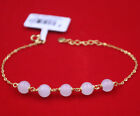 Pure 24K Yellow Gold Bracelet Women's Natural White Jade Beads Rolo Link 7inch