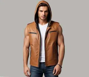 Men's Tan Leather Hoodie Genuine Lambskin Leather Handmade Slim Fit Vest - Picture 1 of 5