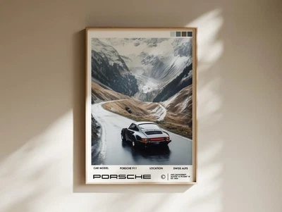 Vintage Porsche Poster – Swiss Alps Classic Car Wall Art