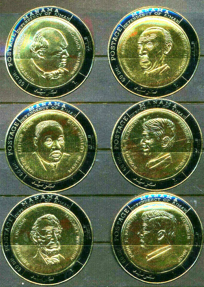 Juego de láminas de oro Manama Mint de 6 M L King, Churchill, Kennedys, Lincoln, Adenauer  Foto 1 de 1