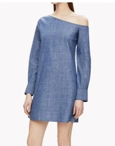 Theory Blue Indigo Chambray Denim Ulrika Asymmetric One-Shoulder Mini Dress Sz 8 - Picture 1 of 7