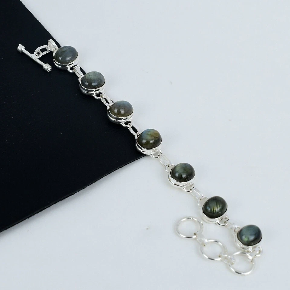 Natural Labradorite Gemstone Bracelet 925 Sterling Silver Jewelry For Love Gifts - Image 1 of 4
