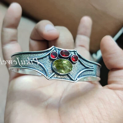 Peridot Cut, Garnet Cut Gemstone Cuff 925 Sterling Silver Handmade Men's Bangle - Image 1 of 4