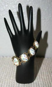 Bracciale vintage tono oro con vetro bianco (?) Pietre maculate cabochon B-125 - Foto 1 di 10