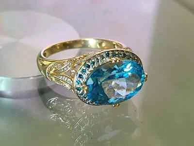 Oval Simulated Blue Topaz Women's Stunning Wedding Ring 14k Yellow Gold Plated - Image 1 of 4