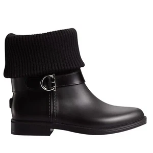 Salvatore Ferragamo Thordis Rain Boots Black Fold Down Ribbed Knit Shaft 7 - Picture 1 of 10
