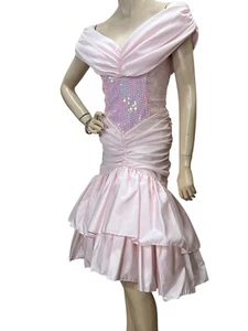 S Vtg 80s Party/Prom DRESS Pink Taffeta Sequins Night Moves USA Sz 7/8 - Picture 1 of 24