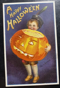 Mint Usa Picture Postcard Cover Boy With Pumpkin Halloween Greetings - Picture 1 of 2