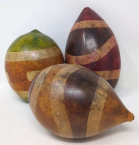 Decorative 3 Handpainted Hollow Gourds Earth Tones Browns Black Green Pre-owned - Picture 1 of 2