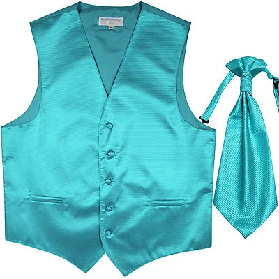New men's tuxedo vest waistcoat & ascot horizontal stripes prom turquoise blue - Image 1 of 3