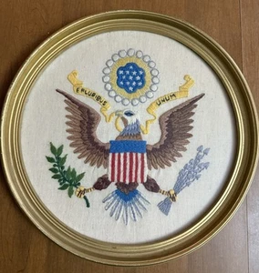 Vintage Embroidery Framed Patriotic Eagle Made in USA Seal of United States 13” - Picture 1 of 10