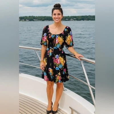 Vestido Karen Kane brilhante floral em camadas manga folhada bolsos feminino tamanho pequeno - Imagem 1 de 4