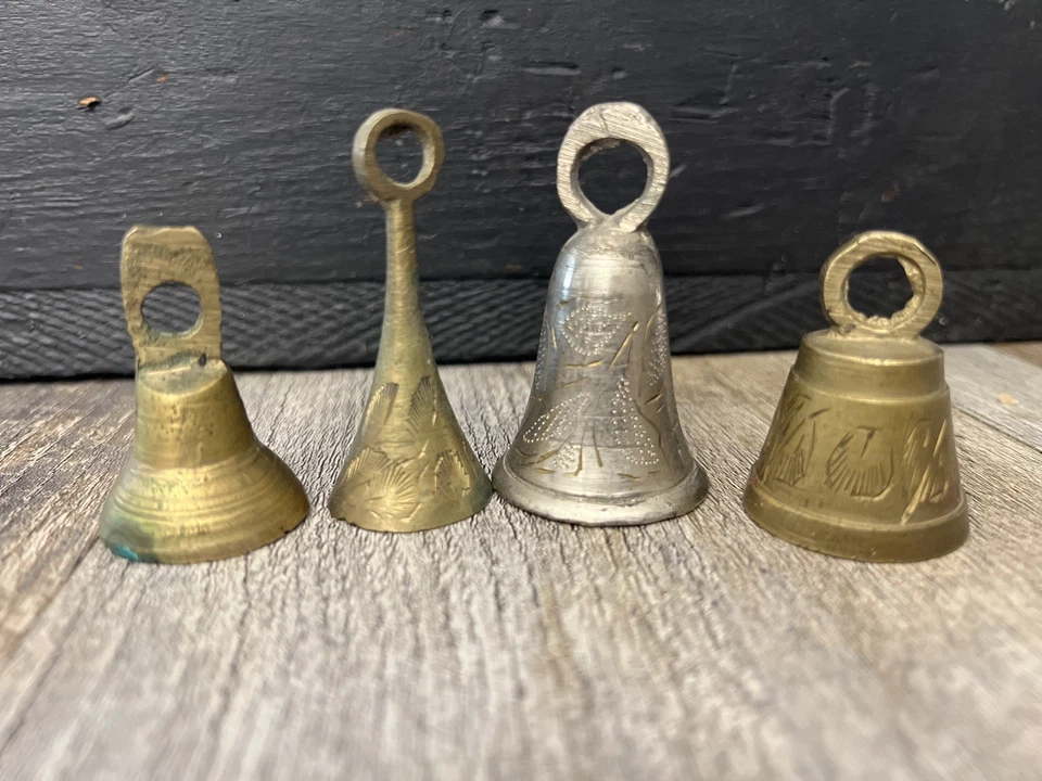 Vintage India Decorative Brass Bell Etched Ornate Leaf Feather Design lot of 4 - Image 1 of 1