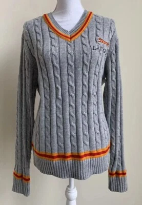 全新带标签 Le TIGRE 女式毛衣 L 套衫标志 V 领电缆针织长袖灰色 — 第 1/4 张图片