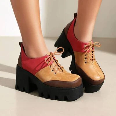 British Womens High Chunky Heels Leather Lace Up Platform Square Toe Punk Shoes - Image 1 of 4