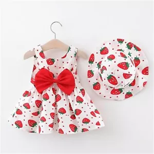 Toddler Baby Kids Girls Sleeveless Strawberry Print Princess Dress Hat Outfits - Picture 1 of 6