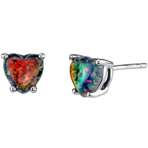 14K White Gold Heart Shape Created Black Opal Stud Earrings - Picture 1 of 5